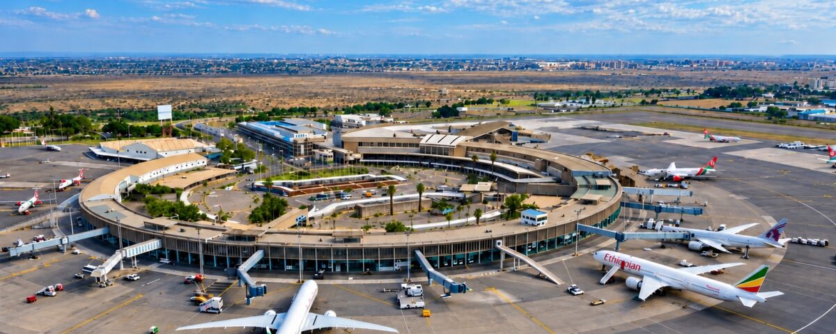 Aerial view of Jomo Kenyatta International Airport (JKIA) in Nairobi, Kenya, showing the airport terminal, parked passenger aircraft and surrounding runways.