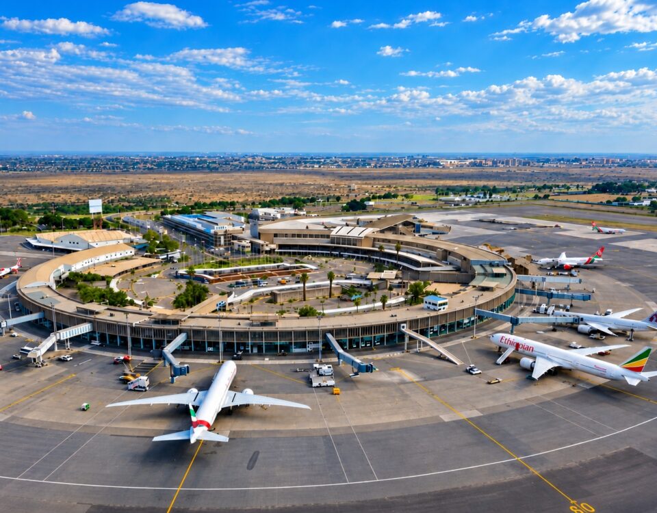 Aerial view of Jomo Kenyatta International Airport (JKIA) in Nairobi, Kenya, showing the airport terminal, parked passenger aircraft and surrounding runways.